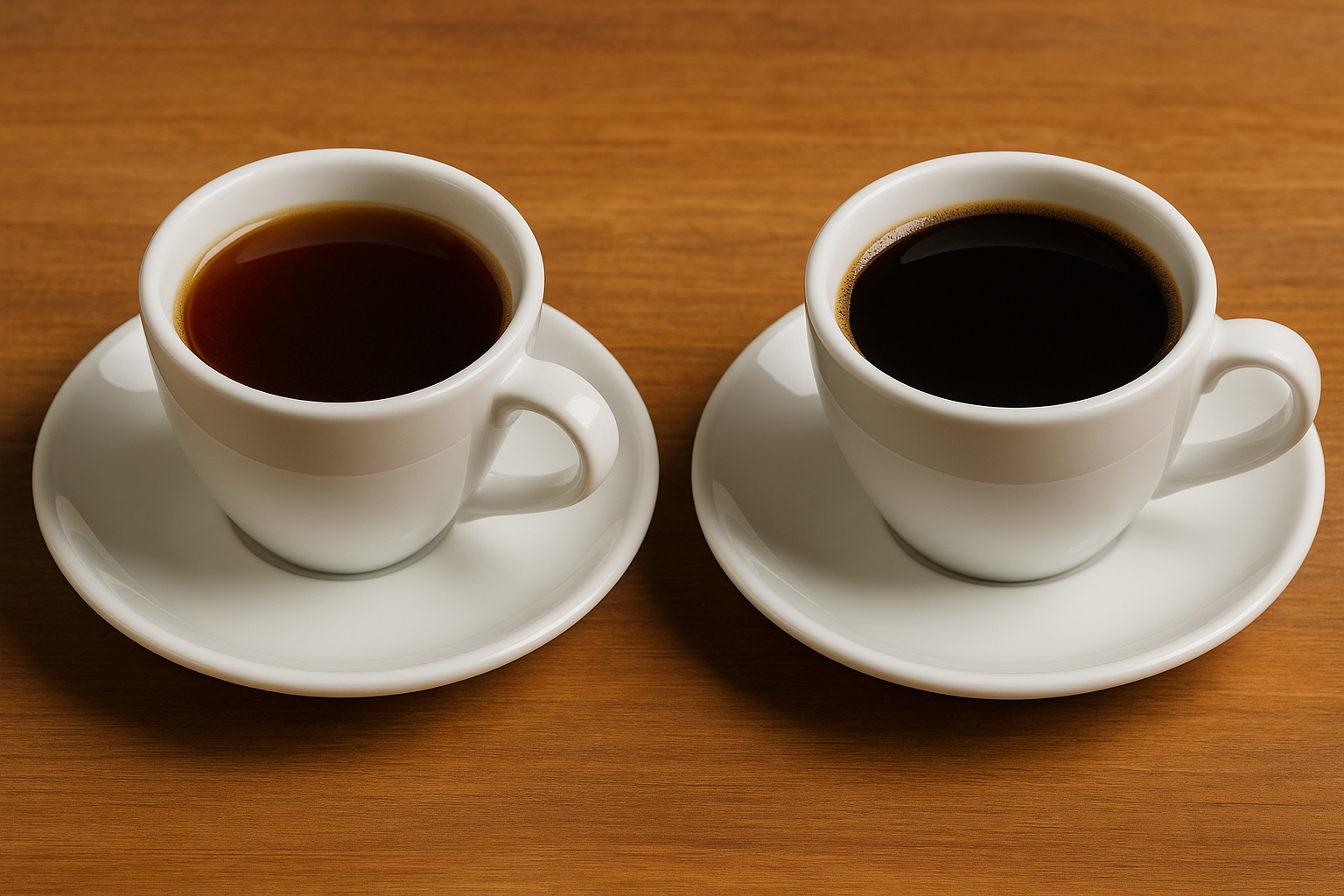 Two white ceramic cups of Americano placed side by side: the left cup shows a medium-roasted Arabica coffee with a clear, warm brown colour, while the right cup contains a darker, opaque Robusta coffee.