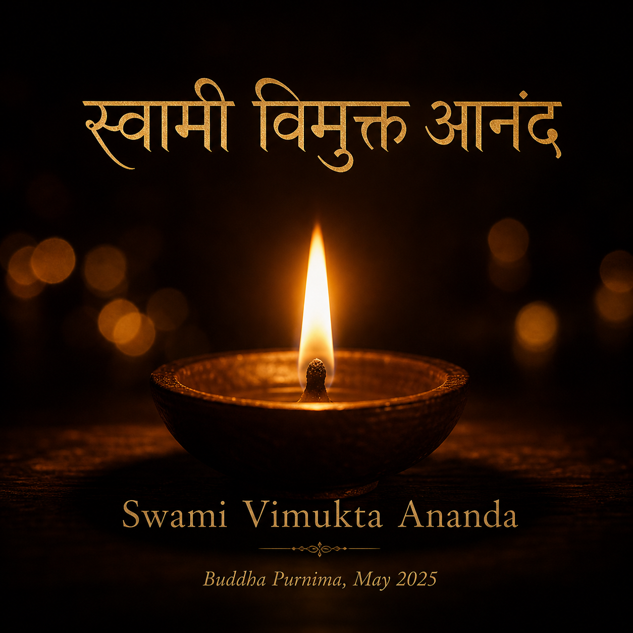 A lit oil lamp with the Sanskrit name Swami Vimukta Ananda, announced on Buddha Purnima 2026