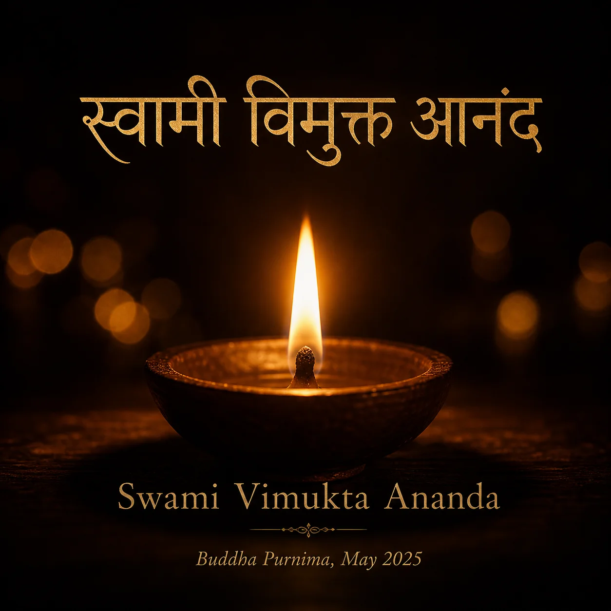 A lit oil lamp with the Sanskrit name Swami Vimukta Ananda, announced on Buddha Purnima 2026